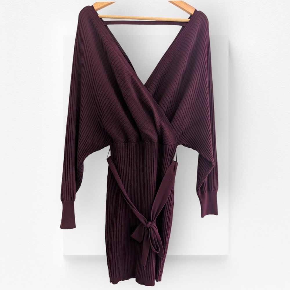 Love Tree Ribbed Knit Sweater Dress Wrap Tie Front Wine Mini Large